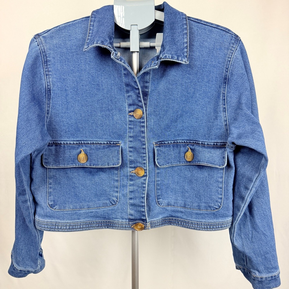 Rachel Zoe Cropped Denim Jacket Womens Large Blue Utility Trucker Jean